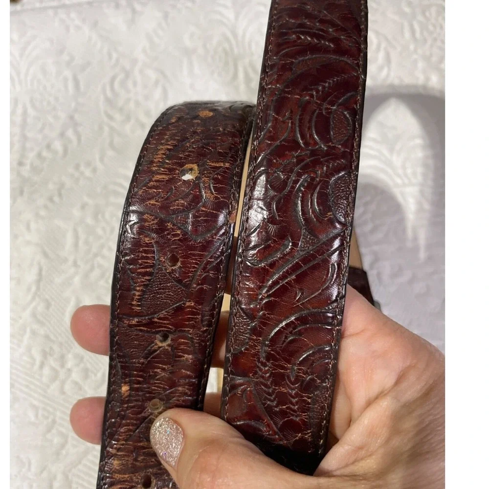 Brighton Vintage 1997 Western Tooled Leather‎ Belt Silver Floral Buckle Brown 30